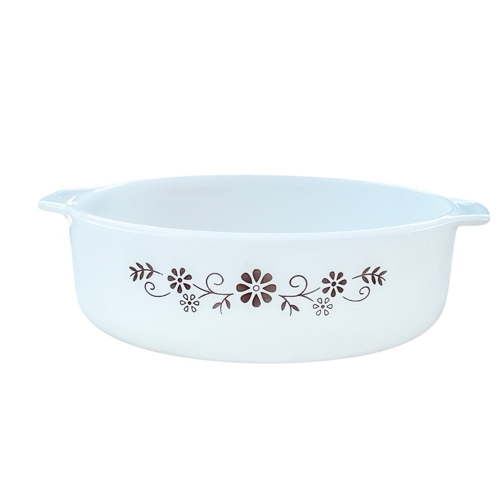 Vtg Dynaware Casserole Dish White Brown Daisy Round Milkglass Mid Century Modern